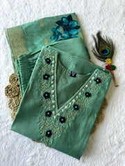 Pista Green V-Neck Floral Embroidered Kurti Set