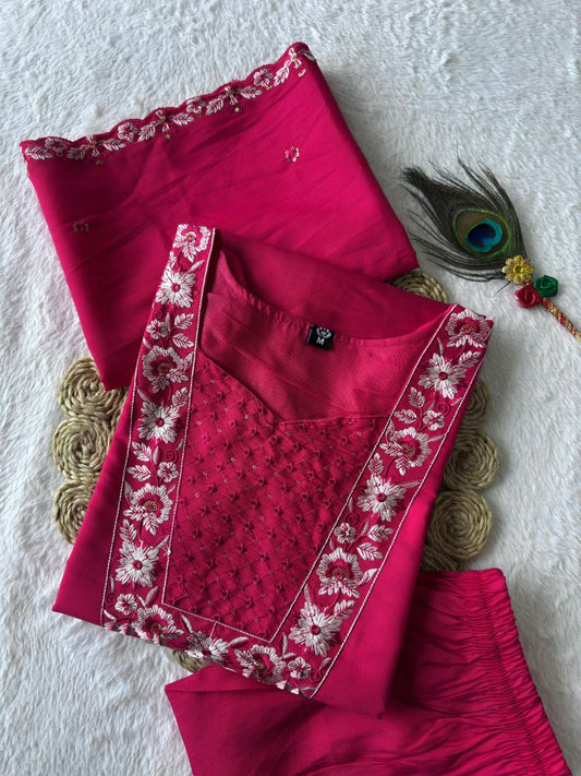 Awesome Pink Color Embroidery Work Kurti Suit