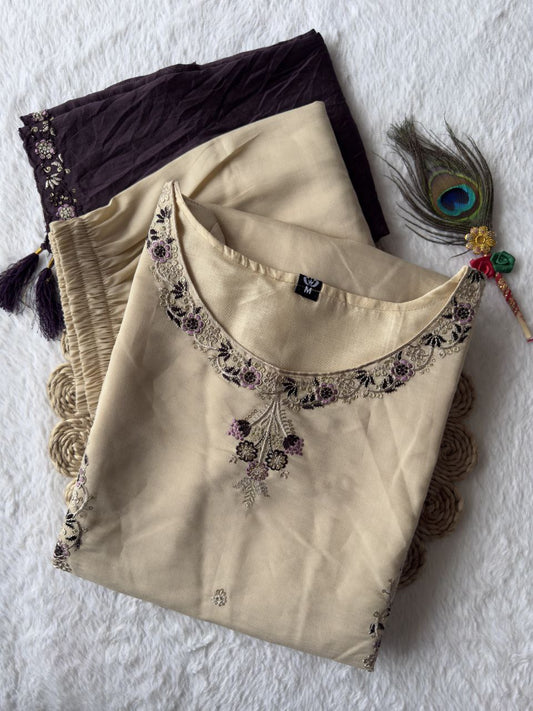 Exclusive Beige Premium Silk Embroidery Work Kurti Set