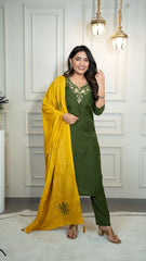 Attractive Green Premium Roman Silk Hand Work Kurti Set
