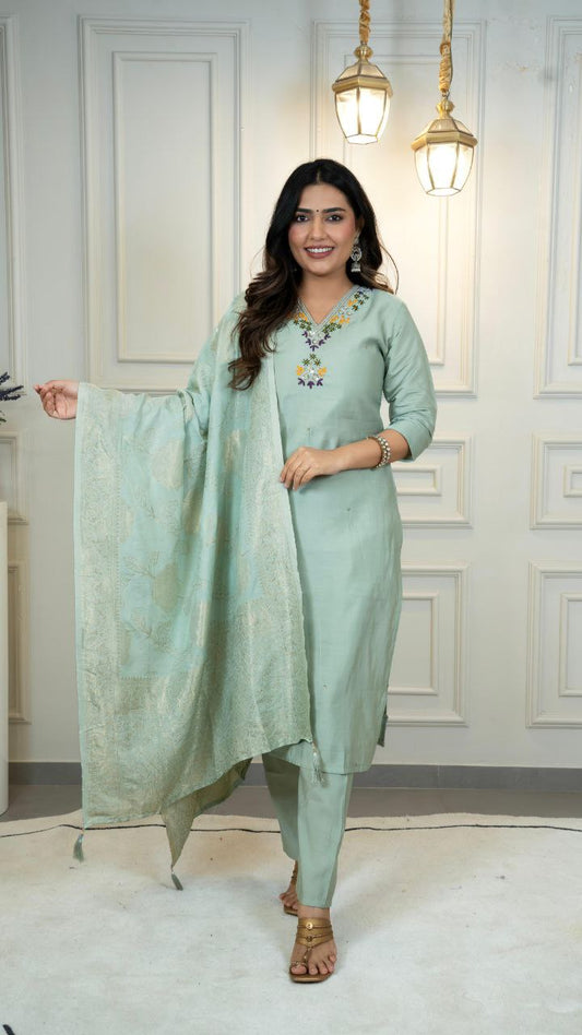 Exclusive Green Jacquard With Hand Work Suit Set