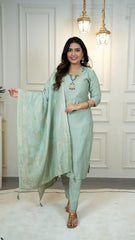 Exclusive Green Jacquard With Hand Work Suit Set