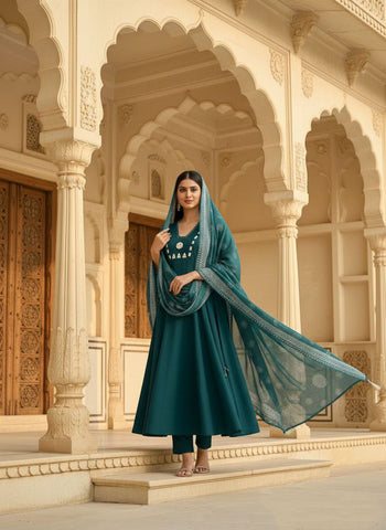 Opulent Dark Teal Cotton Mirror Work Kurti