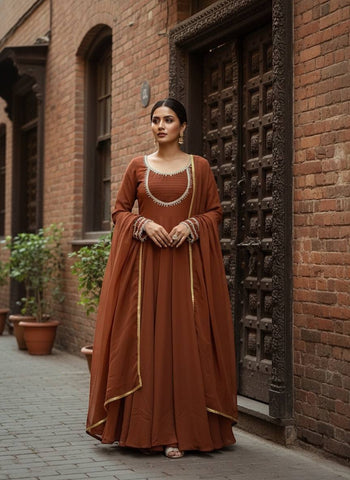 Beautiful Brown Fox Georgette Handwork Anarkali Suit