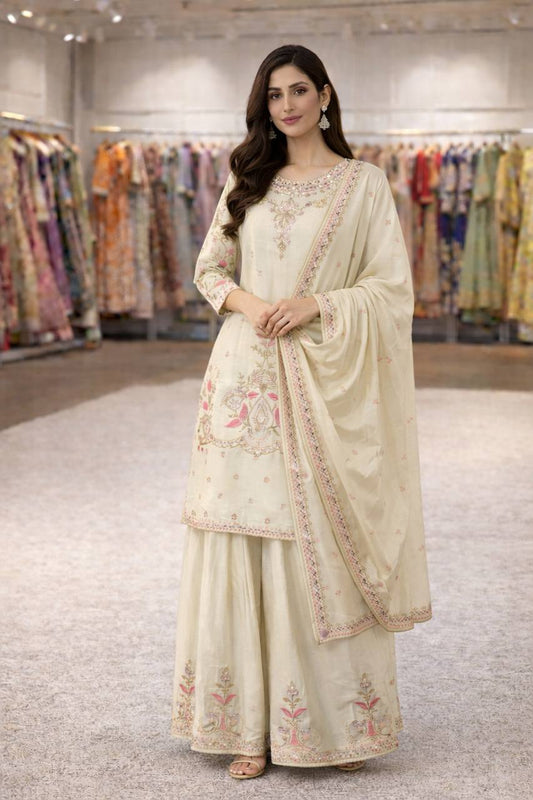 Heavy Chinon Silk Cream Embroidery Thread Work Sharara Suit