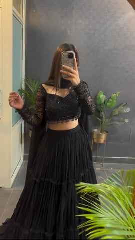 Gorgeous Black Foux Georgette Ruffle Work Lehenga Choli