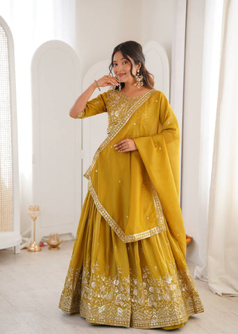 Charming Yellow Havy Simmer Silk Thread Work Lehenga