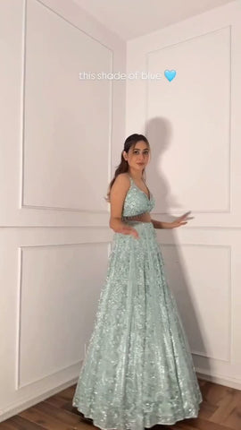 Exclusive Blue Butterfly Net Embroidery Lehenga