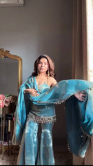 Blue Fendy Silk Thread Work Sharara Suit