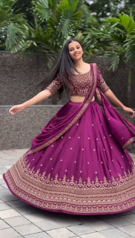Exclusive Purple Chinon Heavy Embroidery Lehenga Choli