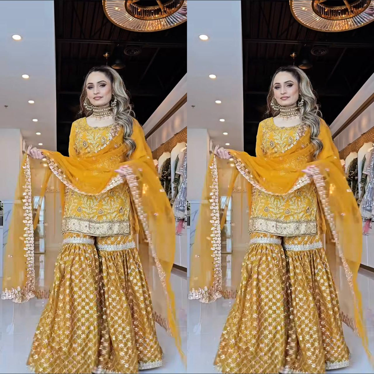 Lovely Yellow Silk with Sequence Work Sharara Suit
