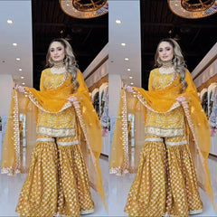 Lovely Yellow Silk with Sequence Work Sharara Suit
