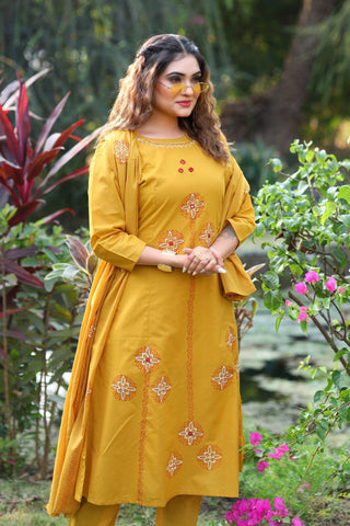 Mustard Cotton with Mirror Hand Work Kurti Set