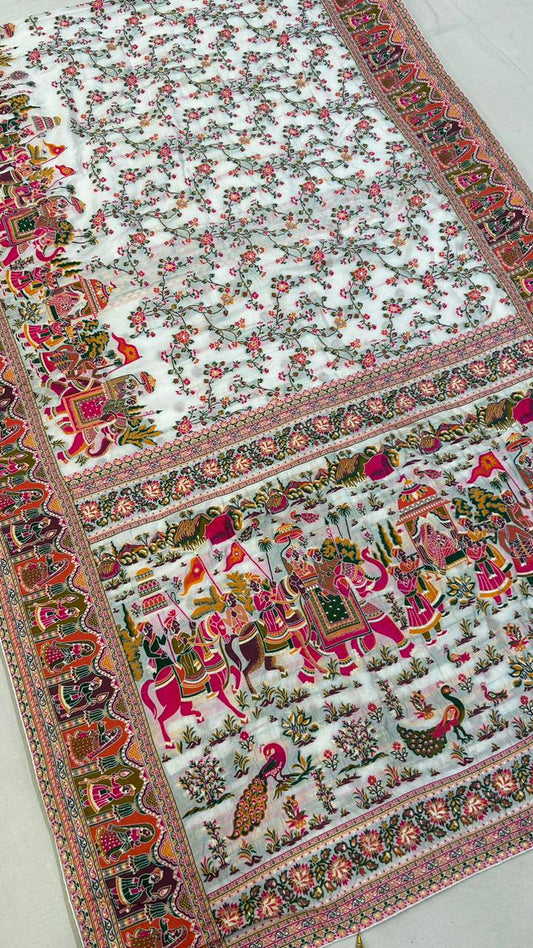 Stunning White Rajwadi Silk with Kashmiri Thread Work Saree