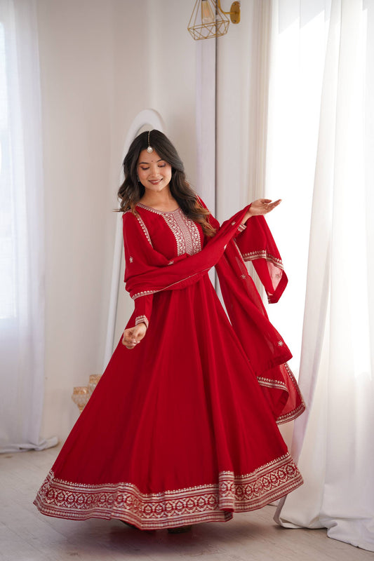 Stylish Red Vichitra Silk with Jari Work Anarkali Suit