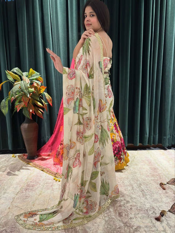 Mesmerizing Cream Silk Print Work Saree