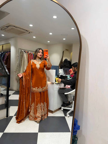 Stunning Brown Heavy Natural Crepe with Intricate Thread Work Sharara Suit