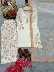 Charming White Satin with Sequence Work Sharara Suit
