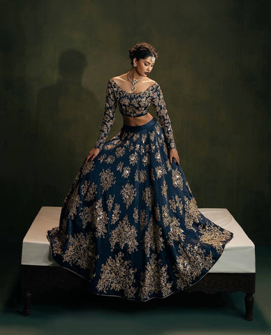 Wedding Navy Blue Polo Silk Zari Work Lehenga Choli