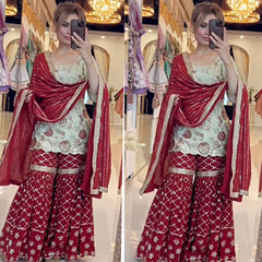 Trendy Red and White Silk with Sequence Work Sharara Suit