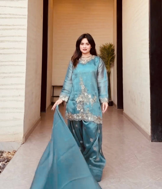 Amazing  Aqua Blue Silk Embroidery Work Sharara Suit