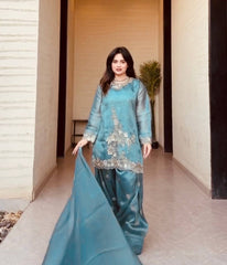 Amazing  Aqua Blue Silk Embroidery Work Sharara Suit