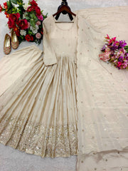 Amazing Beige Pure Cinon Silk with Sequin Work Gown