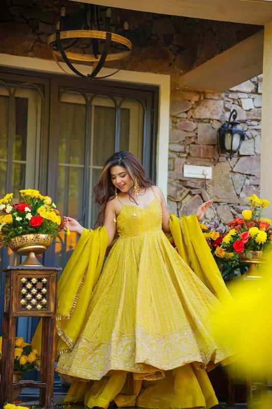 Alluring Yellow Organza with Zari Sequins Work Gown
