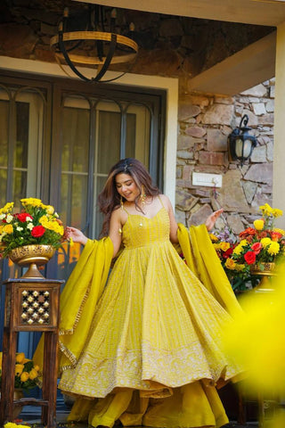 Alluring Yellow Organza with Zari Sequins Work Gown
