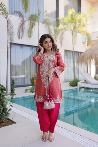 Amazing Roman Fabric with Embroidery Work Top Set