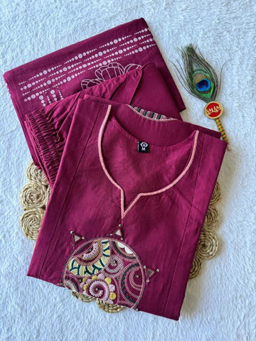 Alluring Burgundy Cotton Embroidery Work Kurti