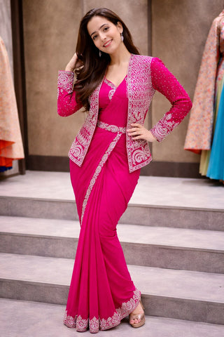 Exclusive Pink Heavy Crep Silk Embroidery Sequence Saree Set