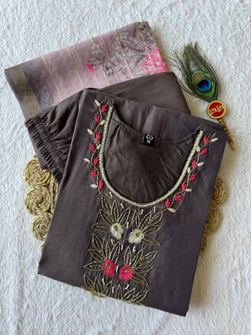 Stylish Grey Mul Chanderi Hand Work Suit