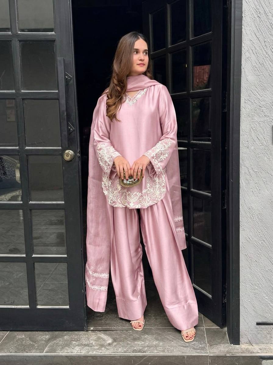 Elegant Pink Crepe Silk Embroidery Work Palazzo Suit