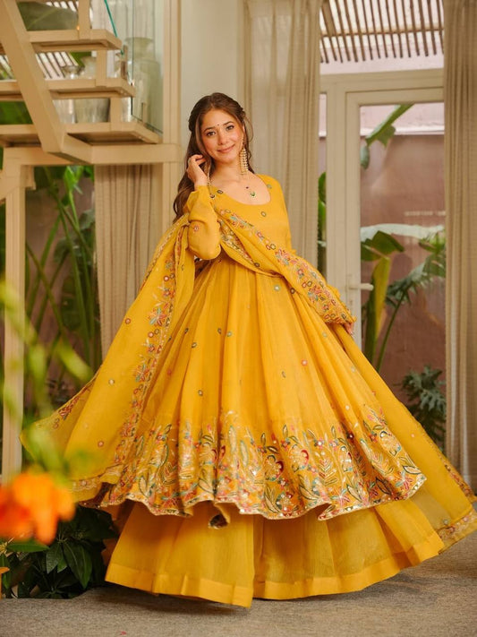 Lovely Yellow Crunchy Silk with Thread & Sequence Work Anarkali