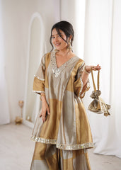 Lovely Golden Two-Tone Embroidered Mirror Work Sharara Suit