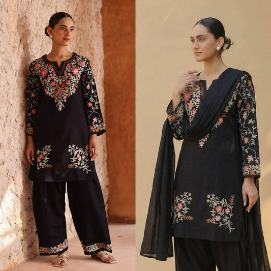 Stunning Black Heavy Roman Silk Embroidery Sharara Suit