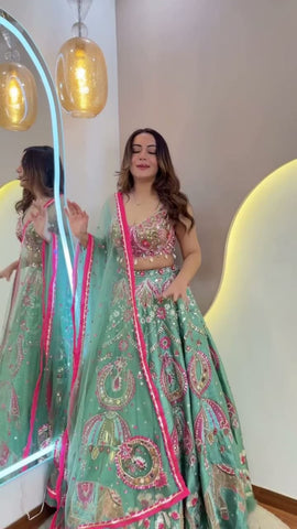 Stunning Aqua Green Silk with Embroidery Work Lehenga