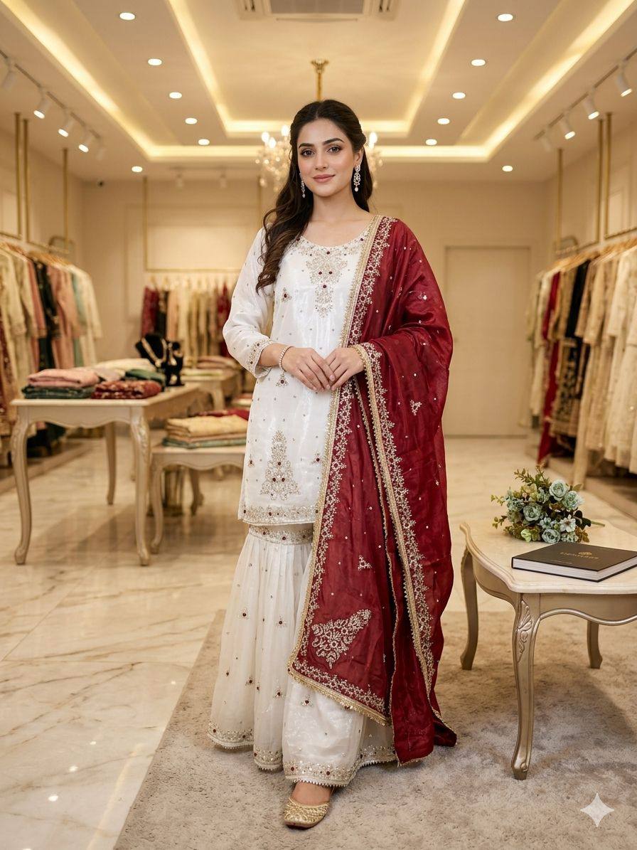 Lovely White Fandy Silk Sequence Embroidery Sharara Suit