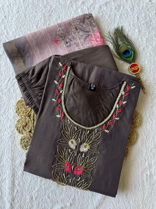 Lovely Vampire Grey Mul Chanderi Hand Work Suit