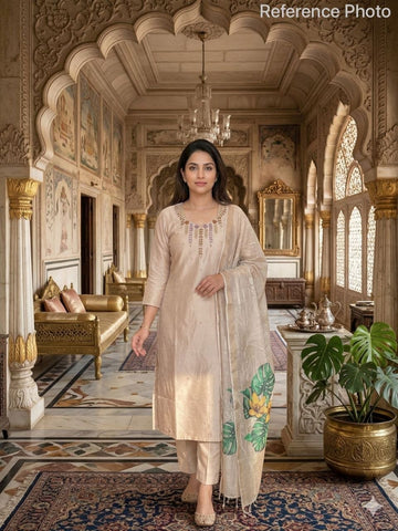 Alluring Cream Mul Chanderi with Hand Work Suit