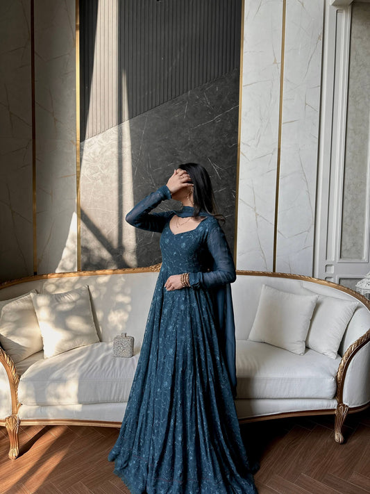 Amazing Teal Blue Georgette Silk Thread Embroidery Gown