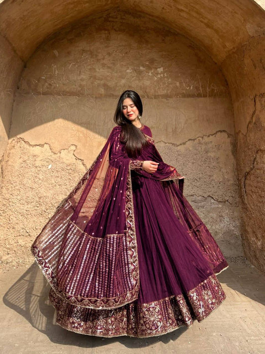 Fabulous Maroon Faux Georgette Thread and Sequence Work Gown