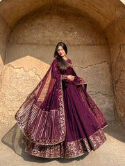 Fabulous Maroon Faux Georgette Thread and Sequence Work Gown