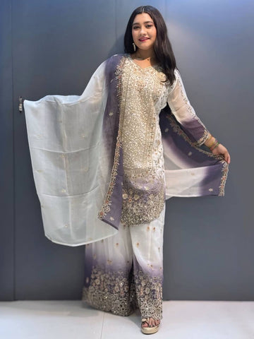 Fabulous White Georgette with Embroidery Work Palazzo Suit