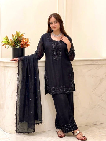 Amazing Black Silk Embroidery Work Sharara Suit