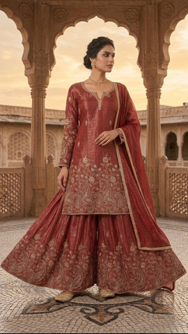 Pretty Maroon Heavy Crunchy Silk Embroidered Sharara Suit