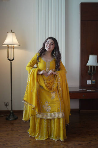 Yellow Fox Georgette Sequence Work Kurti Set