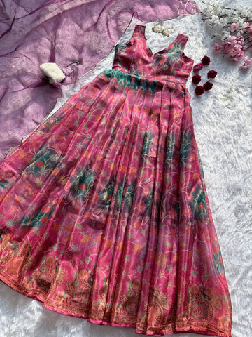 Stunning Pink Organza Silk Digital Printed Anarkali Gown