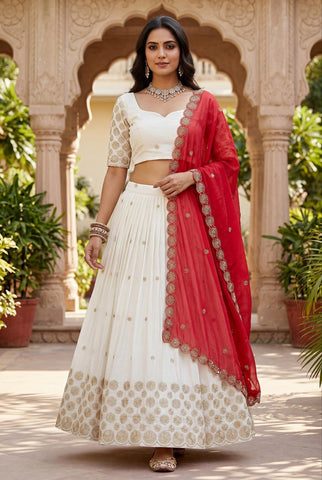 Exclusive Red Chinon Embroidery Party Wear Lehenga Choli
